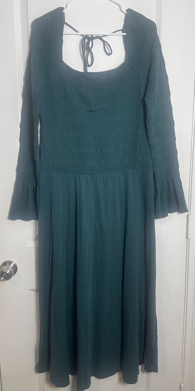Free People Teal Smocked Square Neck Tie Back Bell Sleeve Midi A-Line Dress L